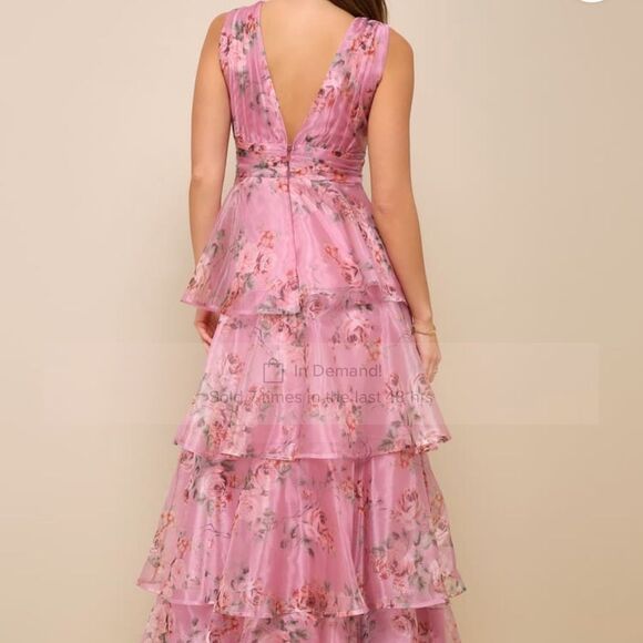 Lulu’s Garden Radiance Pink Floral Print Organza Tiered Maxi Dress - Picture 2 of 5
